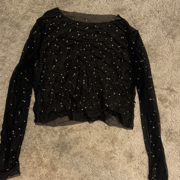 Tops - Elegant Black Sheer Top with Pearl Accents